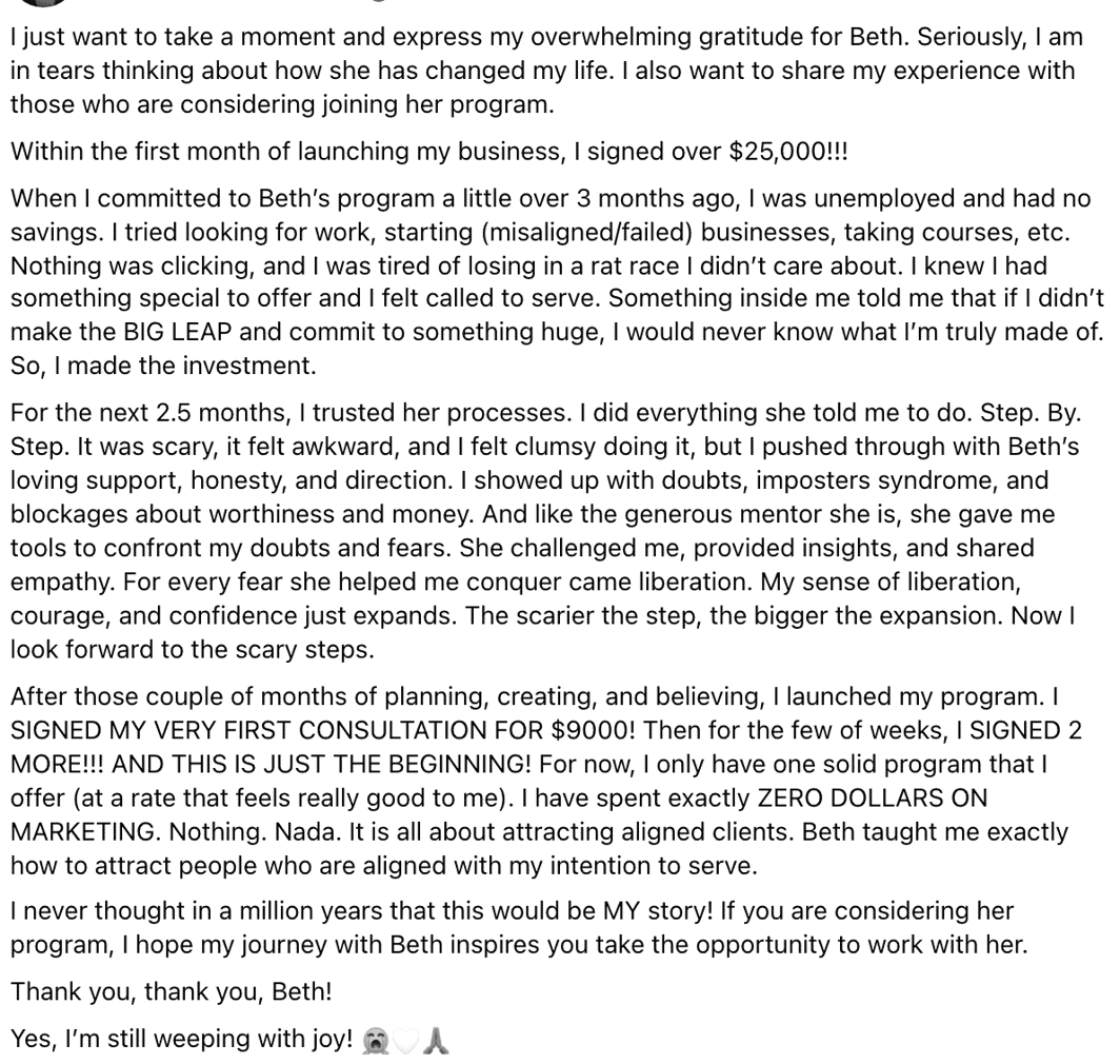 client testimonial Beth Weinstein